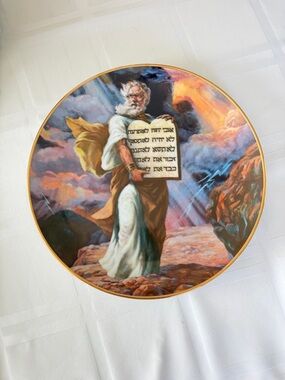 Decorative Round Plate with Biblical Moses Artwork in Multicolor
